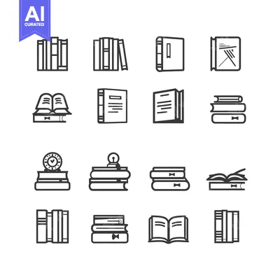 Set of sixteen book icons in various positions and styles