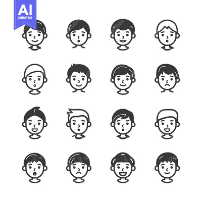Aset desain premium: Set of Sixteen Boy Faces with Various Expressions