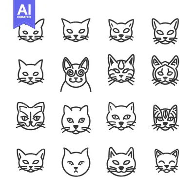 Aset desain premium: Set of Sixteen Cat Face Line Icons in Black and White