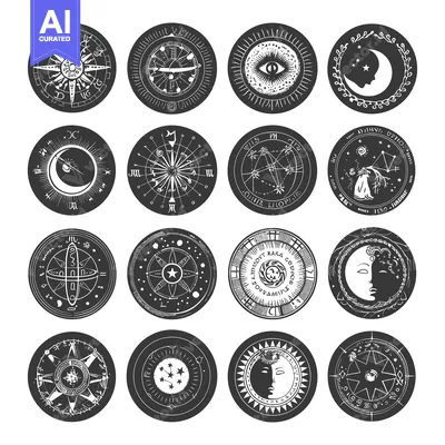 Set of Sixteen Circular Designs Featuring Celestial and Astrological S