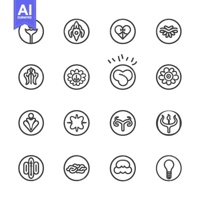 Aset premium populer: Set of Sixteen Circular Icons with Abstract and Symbolic Designs