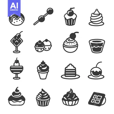 Set of Sixteen Dessert Icons with Cherry and Cream Topping