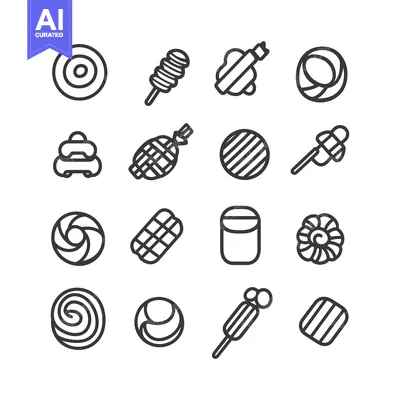 Set of Sixteen Linear Icons Representing Various Candy Types