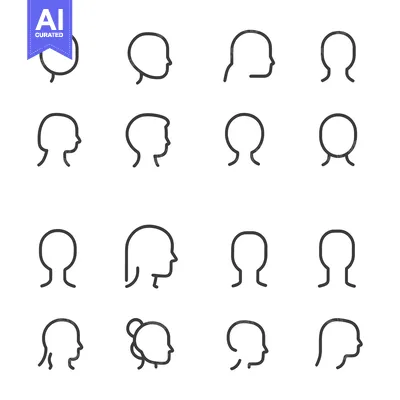 Set of Sixteen Line Art Human Head Icons