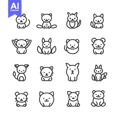 Aset premium populer: Set of Sixteen Line Art Illustrations of Sitting Animals