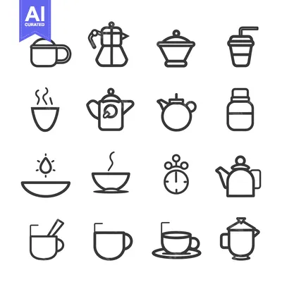 Aset premium populer: Set of Sixteen Line Icons for Coffee and Tea Preparation and Serving