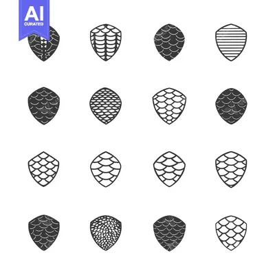 Premium design asset: Set of Sixteen  Shield Icons with Various Scale Patterns