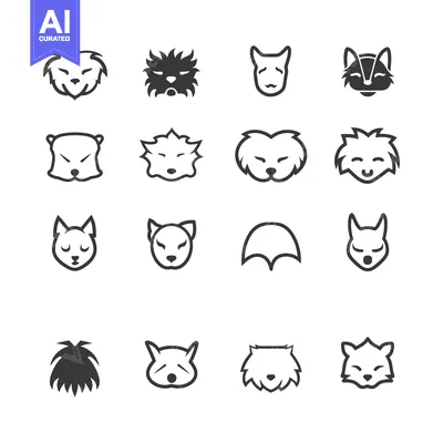 Aset premium populer: Set of sixteen simple animal head icons in black and white