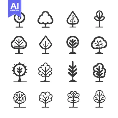 Aset desain premium: Set of Sixteen Simple Black and White Outline Tree Icons