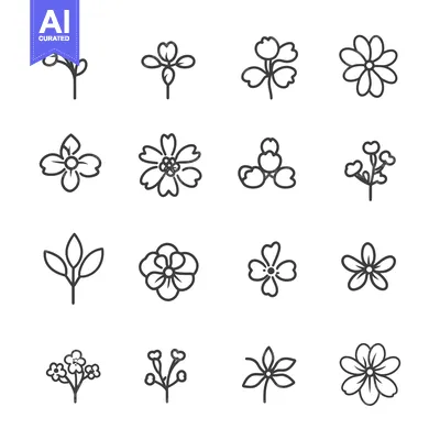 Aset premium populer: Set of Sixteen Simple Black Line Flower Icons
