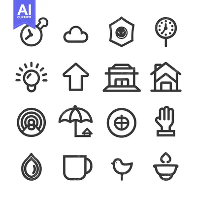 Set of sixteen simple black outline icons