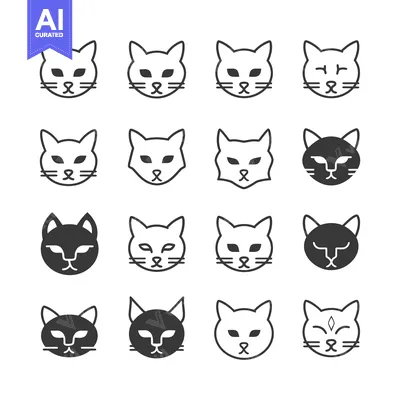 Popular premium asset: Set of sixteen stylized cat head illustrations in black and white
