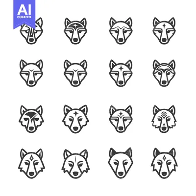 Aset desain premium: Set of Sixteen Stylized Wolf Head Icons with Different Markings