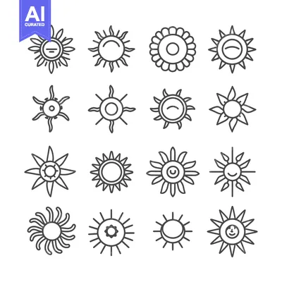 Set of sixteen sun line icons with different designs and shapes