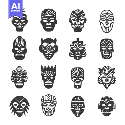 Set of Sixteen Tribal Masks with Geometric Designs
