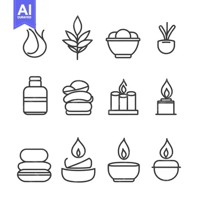 Set of spa and aromatherapy icons with flames and plants