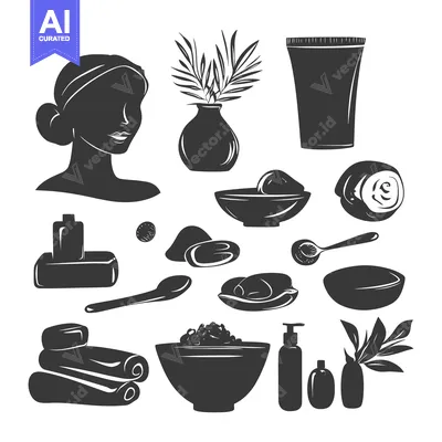 Aset premium populer: Set of Spa and Beauty Elements in Black and White Silhouette