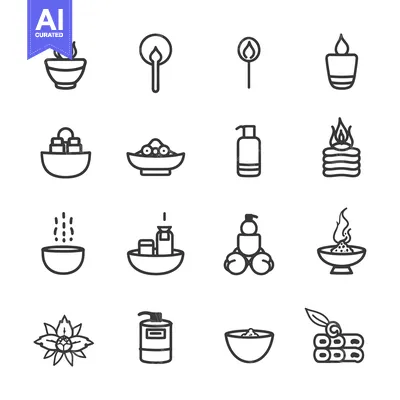 Aset premium populer: Set of Spa and Wellness Line Icons with Flame and Lotion Elements