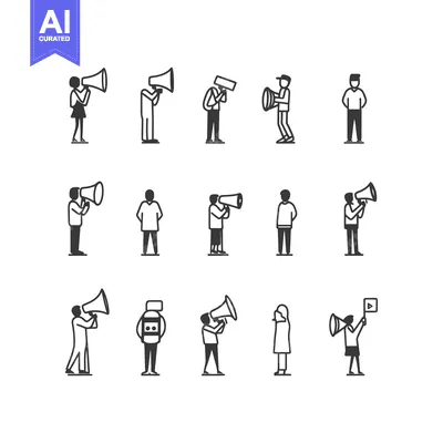 Set of Stick Figures Holding Megaphones and a Play Button