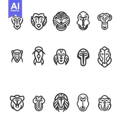 Aset premium populer: Set of stylized animal faces with abstract line art details