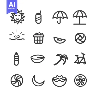 Set of Summer Icons, including Sun, Drink, Umbrellas, and Beach Access