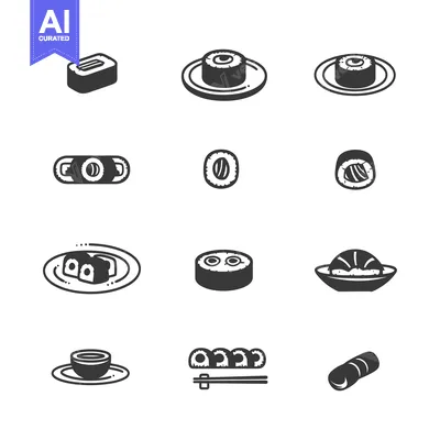 Set of Sushi Roll Icons in Black and White