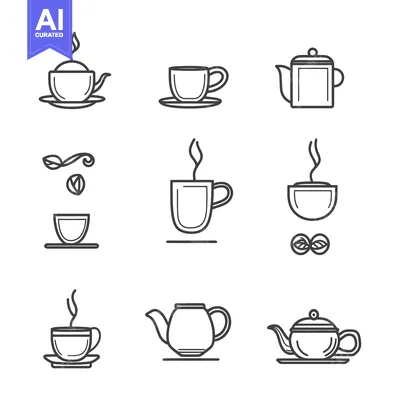 Set of Teapot and Teacup Icons in Line Art Style