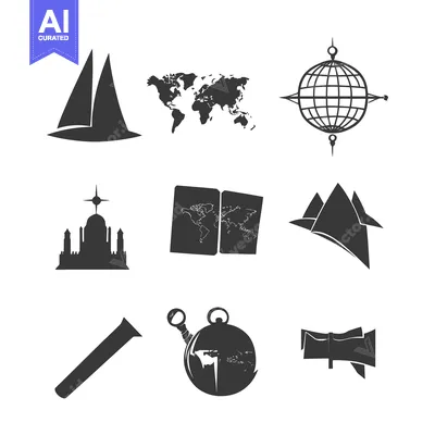Set of Travel and Exploration Icons in Black Silhouette