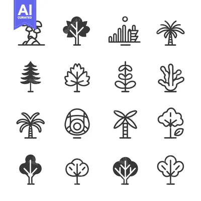 Aset desain premium: Set of tree and plant icons in line and solid style