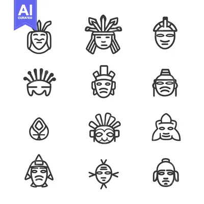 Set of Tribal Masks Icons in Outline Style