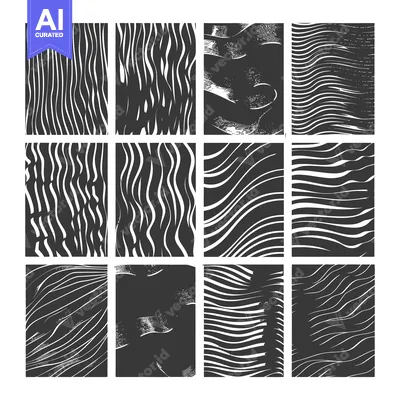 Set of twelve abstract black and white wavy line patterns