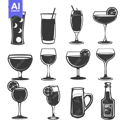 Aset desain premium: Set of twelve black and white alcoholic beverage illustrations