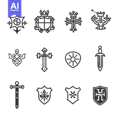 Premium design asset: Set of Twelve Black and White Medieval Heraldic Symbols