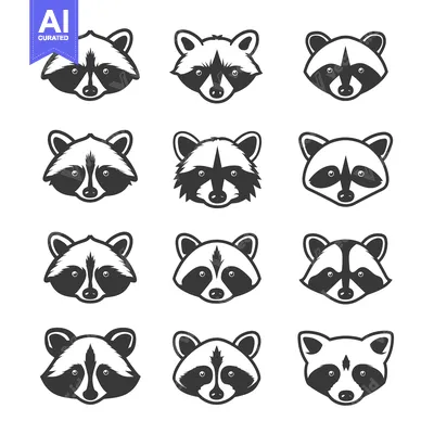 Aset premium populer: Set of twelve black and white raccoon face illustrations