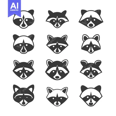 Set of twelve black and white raccoon faces