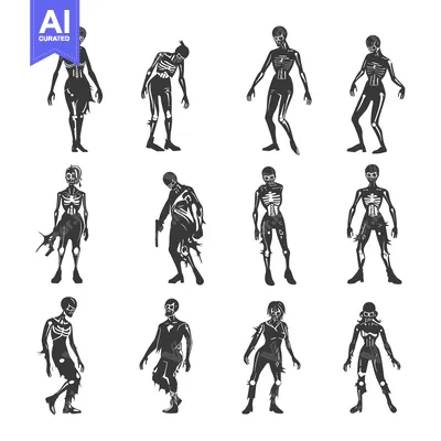 Premium design asset: Set of twelve black and white zombie silhouettes