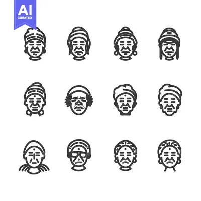 Aset desain premium: Set of twelve black line icons depicting various elderly people wearin