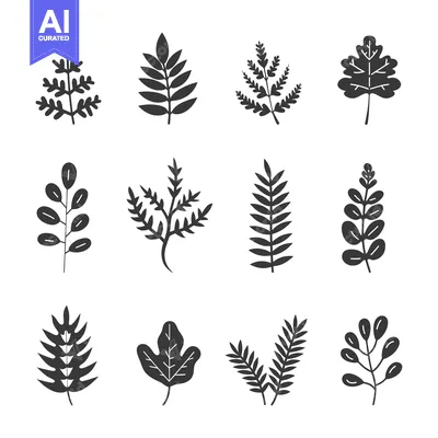 Aset premium populer: Set of twelve black silhouette illustrations of various leaves and bra