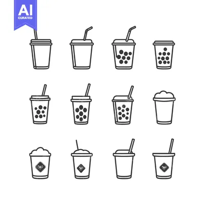 Set of Twelve Bubble Tea Cup Outline Icons