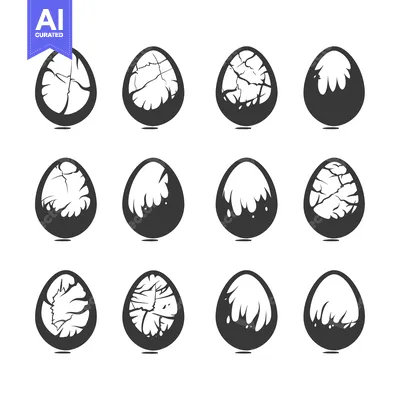Set of Twelve Cracked and Dripping Eggs in Black Silhouettes