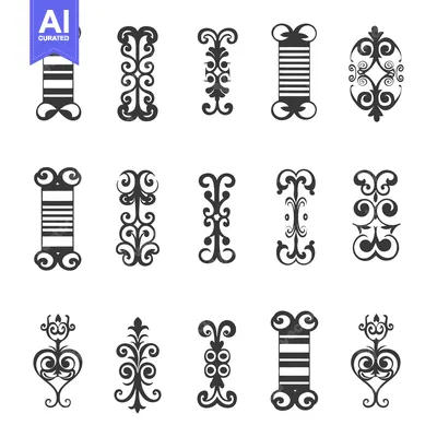 Set of twelve decorative floral elements with swirls and stripes