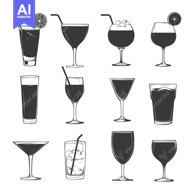 Set of twelve different types of glasses with drinks and decorations