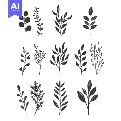 Aset premium populer: Set of Twelve Hand-Drawn Black and White Floral Silhouettes