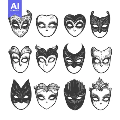 Set of Twelve Hand-Drawn Venetian Carnival Masks