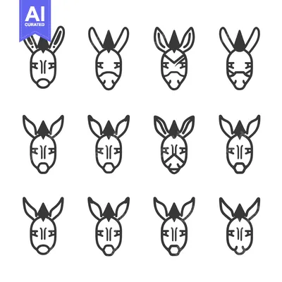 Aset desain premium: Set of twelve line art donkey faces with pointy ears and a nose