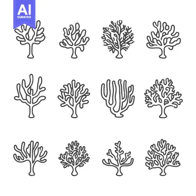 Set of Twelve Line Drawings of Diverse Coral Shapes