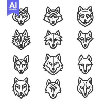 Aset premium populer: Set of twelve minimalist line art wolf head illustrations