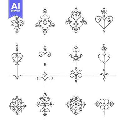 Set of Twelve Ornamental Line Drawings with Floral Motifs