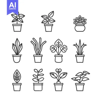 Aset desain premium: Set of twelve potted plants with different leaf shapes and styles