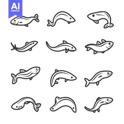 Aset premium populer: Set of Twelve Simple Line Drawing Fish Illustrations